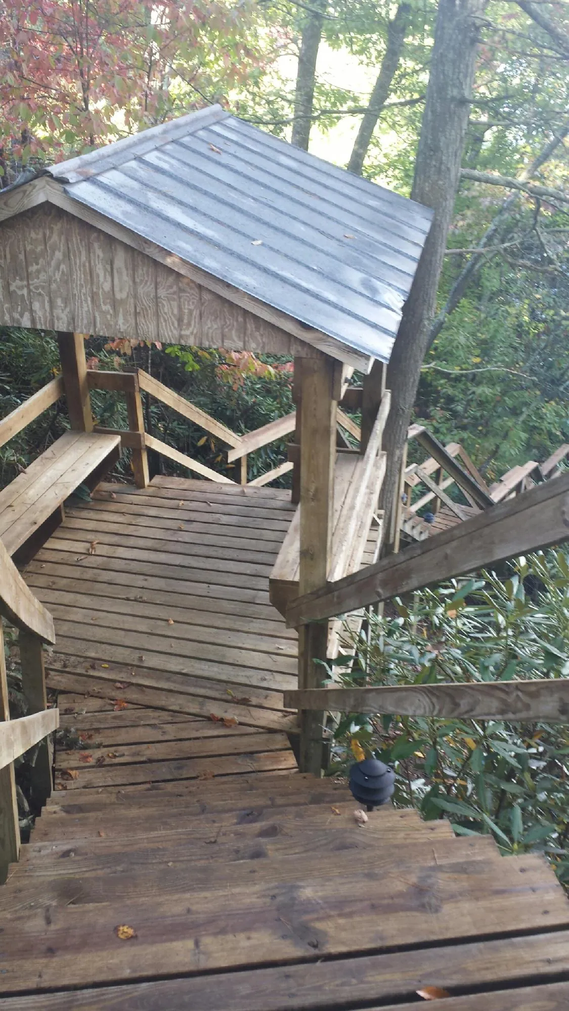 Metal roofed shelter over wooden steps on a wooded walkway — Skylight Repair & Installation work by our crew in Canisteo